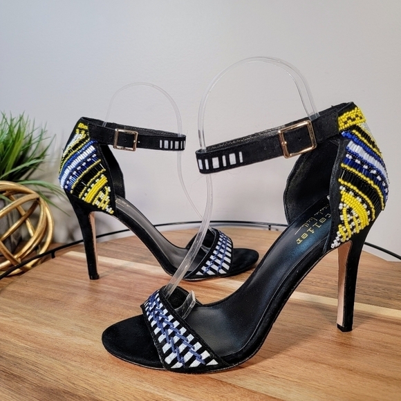 Nicole Miller Beaded Heels Multi Color Seed Bead Black Leather Stiletto Size 7.5 - Picture 5 of 16